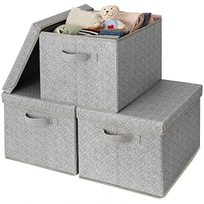 Image of GRANNY SAYS Storage Boxes with Lids Large, Pack of 3 Collapsible Box, Wardrobe Organiser for Organising Clothes, Decorative Box Lid, Grey Basket Handle