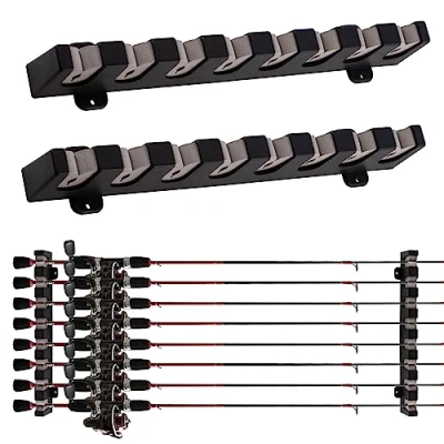 Image of Dr.Fish 1 Pair Wall Mounted Fishing Rod Pole Holder Stand Vertical for Storing 8 Slots Complete with Accessories in the Box