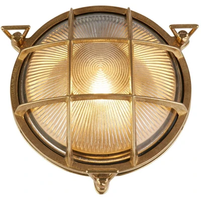 Image of Bulkhead Round Outdoor Light Solid Brass, Ribbed Glass