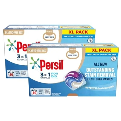 Image of Persil XL 3 In 1 Washing Capsules All New Outstanding Stain Removal Even Cold Washes With Triple Action Cleaning One Power Capsules, 40 (Non Bio, Buy 2)