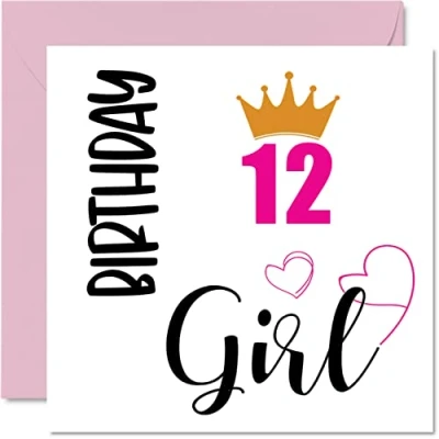 Image of 12th Birthday Card for Girls Girl Happy Cards 12 Year Old Daughter Sister Granddaughter Cousin Friend Niece, 145mm x Twelve Twelfth Bday Greeting Gift