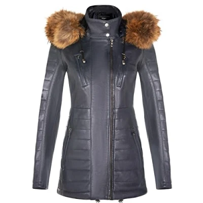Image of Women&#039;s Navy Leather Parka Jacket Quilted Detachable Hooded Trench Coat L