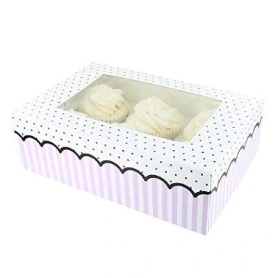 Image of Culpitt 6/12 Cupcake Box, 20 Pack, Boxes to Carry Tasty Treats, Includes Dual Insert for 6 Standard Cupcakes or 12 Mini Pink Spots and Stripes,86962