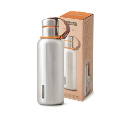 Image of BLACK+BLUM Water Bottle Stainless Steel Thermal Insulated Leak Proof Travel Thermo Flask with Wide Spout and Stylish Vegan Leather Carry Loop Keeps Hot for 12 hrs, Cold 24 hrs,Orange 750ml