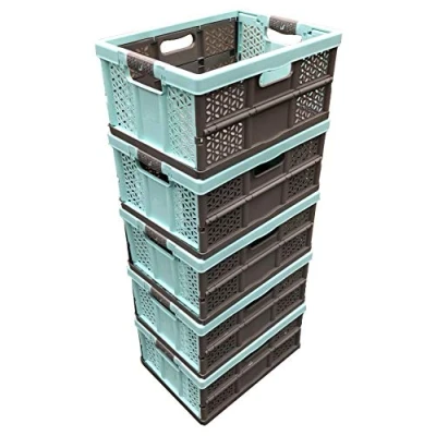 Image of keeeper 5 x 32 Litre Extra Strong Folding Plastic Stacking Storage Crates BOX 30KG LOAD CAPACITY PER SOFT HANDLES GREAT VALUE