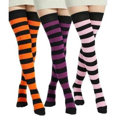 Image of BABAHU Womens Extra Long Cotton Stripe Thigh High Socks Over the Knee