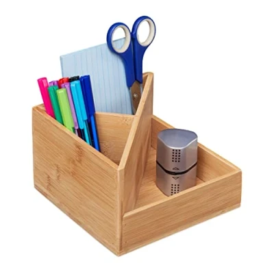 Image of Relaxdays Pen Holder, Multipurpose Bamboo Desk Organiser, Stationery and Brushes Storage, 10,5 x 16,5 cm, Brown