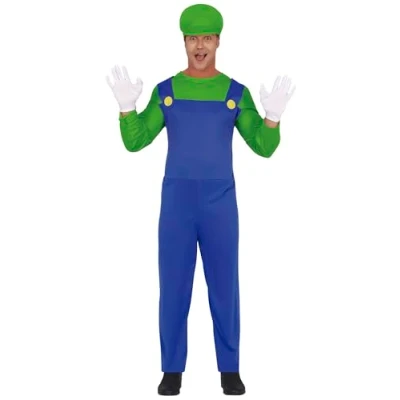 Image of FIESTAS GUIRCA Green Plumber Hero Fancy Dress Costume Cap and Super Mechanic Jumpsuit for Men Size M