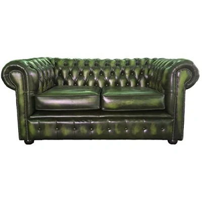 Image of Chesterfield 100% Genuine Leather Two Seater Sofa Antique Green