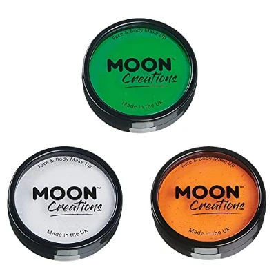 Image of Moon Creations Pro Face &amp; Body Makeup Bright Green White Orange Set 36g Professional Colour Paint Cake Pots For Painting Kids Adults Fancy Dress Festivals Halloween