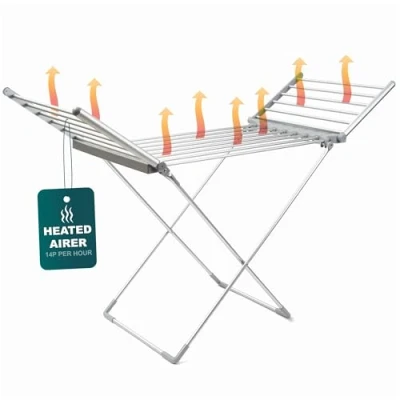 Image of OurHouse Heated Winged Clothes Airer, Airer for Indoor Drying, Electric Drier, Portable Laundry 2 Foldable Wings, Up to 15kg, 20 drying bars, Flat Storage