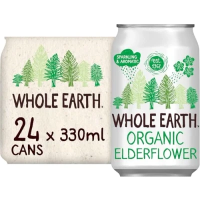 Image of Whole Earth Organic Sparkling Elderflower Soft Drink, 24x 330 ml, Lightly Fizzy with Natural Ingredients and Fruit Extract, No Added Refined Sugar,Vegetarian Vegan, Multi Pack