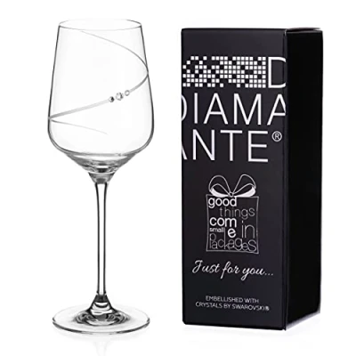 Image of DIAMANTE Swarovski Red Wine Glass &#039;Just for You&#039; Hand Cut Design Embellished with Crystals Single Gift