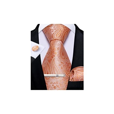 Image of DiBanGu Men&#039;s Peach Paisley Tie Pocket Square Woven Coral Cufflinks Set Silk Necktie Wedding