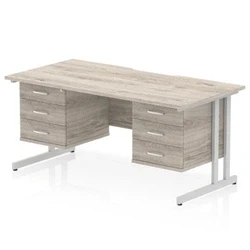 Image of Impulse 1600 x 800mm Scalloped Edge Office Desk Grey Oak Top Silver Cantilever Leg Workstation 2 3 Drawer Fixed Pedestal