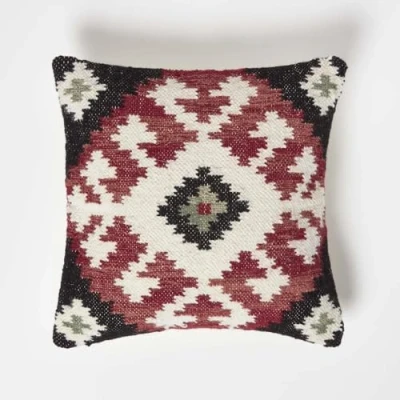 Image of HOMESCAPES Handwoven Kilim Cushion Black &amp; Red 100% Cotton Wool Traditional Authentic with Super Microfibre Insert 45 x cm