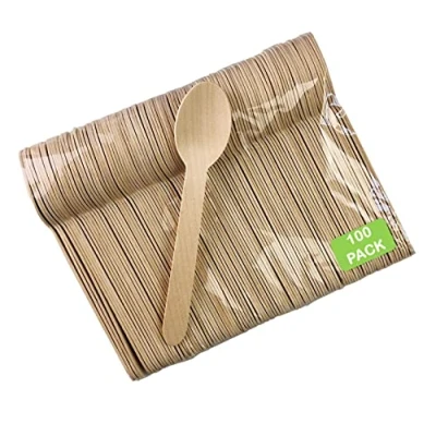 Image of Pack of 100 Disposable Wooden Cutlery Spoons Forks Knives Set Biodegradable Eco Friendly 100% Birch Wood Sturdy, Christmas, Parties, BBQ, Picnic,s Birthdays, Wedding (100 Spoons)