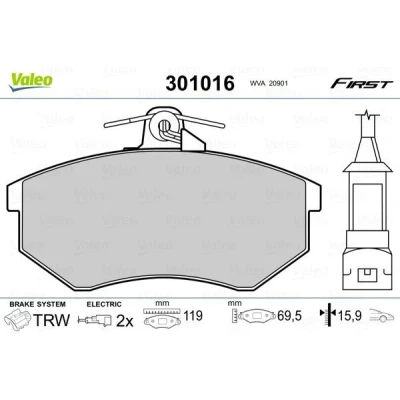 Image of 1HM698151, 1HM698151A, 357698151A Brake pad set VALEO 301016 FIRST Front Axle incl. wear warning contact without anti squeak plate VOLKSWAGEN: GOLF 3