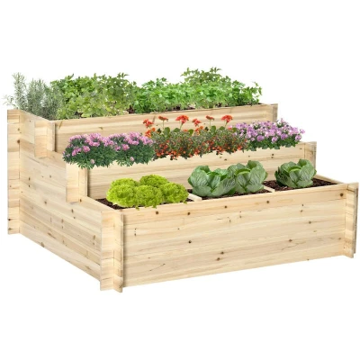 Image of Outsunny 117cm x 100cm 54cm 3 Tier Raised Garden Bed 376L Fir Wood Elevated Planter Flower Box with 9 Grow Grids and Non woven Fabric for Vegetables, Flower, Herb Outdoor Indoor Use