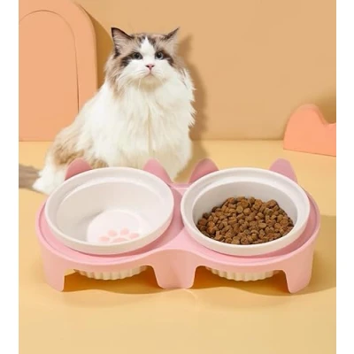 Image of Cat Bowls,Elevated Pet Food and Water Bowl Dishes,Non Slip Tilted Ceramic Elevated Dishes Bowls with Stand for Puppy,Bunny,Cats Small Dogs