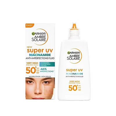 Image of Garnier UV sun protection fluid for blemish prone skin, very high with SPF 50+, invisible finish, Ambre Solaire Super Niacinamide Daily Fluid, 1 x 40 ml