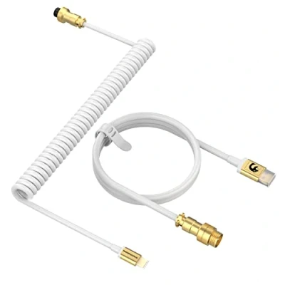 Image of MAMBASNAKE C02 Coiled Keyboard Cable, Pro Custom USB C Cable for Mechanical Keyboard, Double Sleeved TPU Spring Gaming Type to A, Detachable Gold Aviation Connector White