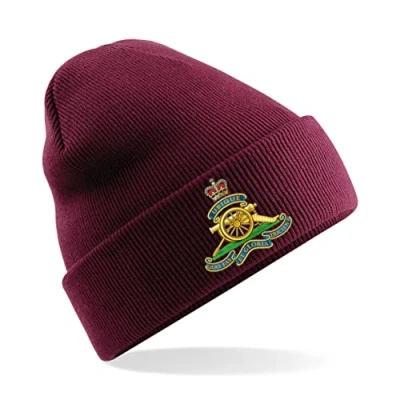Image of PSave Royal Artillery Insignia Mens Premium Embroidered Beanie Hat, Bob Hat British Army Military (Maroon)