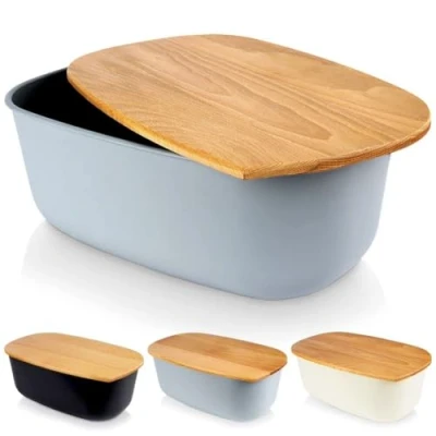 Image of Vilde Bread Bin with Wooden Board, Basket, Box, Grey, 39 x 23.5 15.5 cm