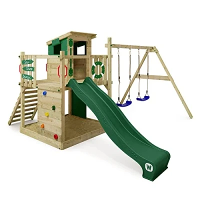 Image of WICKEY Wooden climbing frame Smart Camp with swing set &amp; green slide, Outdoor kids playhouse sandpit, ladder play accessories for the garden
