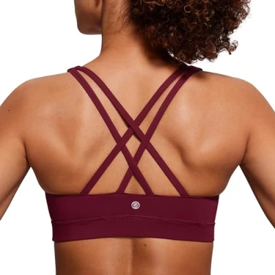 Image of CRZ Yoga Women&#039;s Strappy Back Sports Bra Mid Impact Wirefree Padded Workout Crop Top Red Merlot L