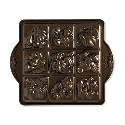 Image of Nordic Ware Seasonal Squares Pan, 3D Cast Aluminium Bundt Tin, Cake Tin with Autumn Pattern, Premium Mould Made in The USA, Colour: Bronze
