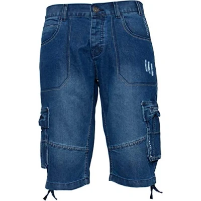 Image of Enzo Jeans Mens Shorts Raw Combat Cargo Pockets Casual Knee Length Denim Pants (28W, Blue)