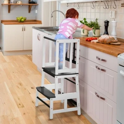 Image of COSYLAND Kitchen Nursery Step Stool for Kids Toddlers Children,Standing Tower Counter, Mothers&#039; Helper Learning Stool,Made of Natural Solid Bamboo Black&amp;White