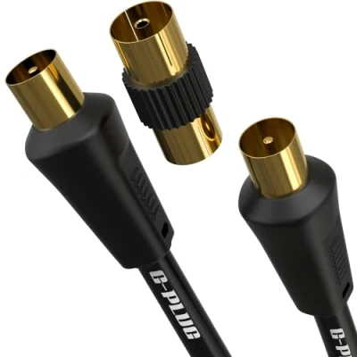 Image of 1m Long TV Aerial Cable with Plug Adapter Coaxial Satellite Antenna AV Lead Male to RF Connector Coax Extension Gold FreeView, FreeSat, Sky Box, BT