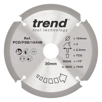 Image of Trend PCD Fibre Cement Circular Saw Blade, 184mm Diameter, 30mm Bore, 4 Teeth, 2.2mm Kerf, +12 Hook, PCD, Coarse Finish, PCD/FSB/1844B