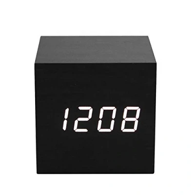 Image of ThreeH Digital Alarm Clock,Wood Cube Little Clock with LED Time Calendar Temperature Display,Sound Control,Intelligent Induction,USB/Battery Powered for Home Office AC10 Black_White