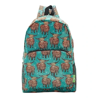 Image of ECO CHIC Lightweight Foldable Water Resistant Backpack Rucksack Folds into Pouch for Storage (Highland Cow Teal)