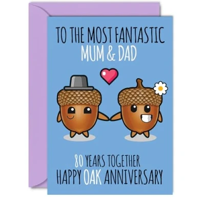 Image of Cute Oak Anniversary Card for Mum &amp; Dad 80 Years Together Happy 80th Wedding Cards Mum, A5 Greeting Eightieth Anniversaries