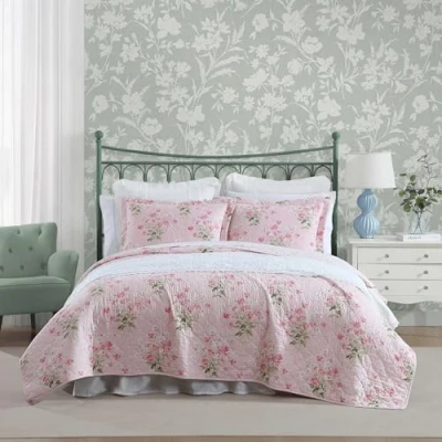 Image of Laura Ashley Quilt Set, Breathable Premium Bedding with Matching Shams, Floral Room Decor, Luxuriously Soft Home Decor (Veronicas Bouquet Pink, Queen)