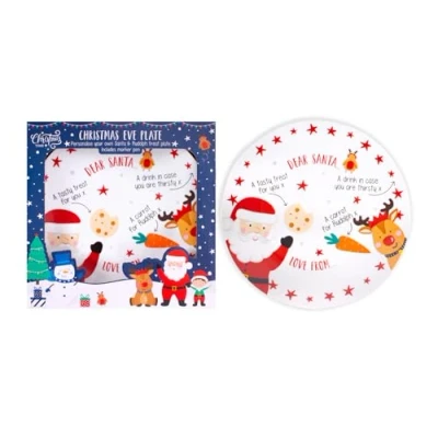 Image of RSW Porcelain Christmas Eve Plate Santa and Rudolph Design 10.5 Personalise with Marker Included Themed Tableware Perfect for Kids Dinner Festive Seasonal Xmas Plates