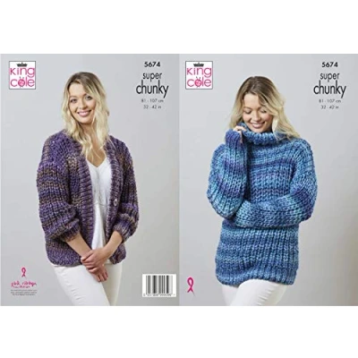 Image of King Cole Super Chunky Knitting Pattern Ladies Sweater &amp; Cardigan (5674)