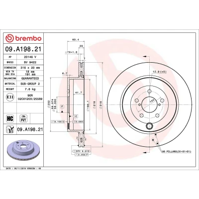 Image of 26700CA000, ST26700YS001 Brake disc BREMBO 09.A198.21 316mm 20mm 5 internally vented Coated High carbon SUBARU: BRZ Coupe