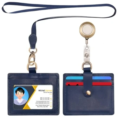 Image of Wonderpool Leather Horizontal Badge Holder with Detachable Neck Lanyard and Retractable Reel Clip, Card Slots Case ID for Badges Driver Licence (Blue)