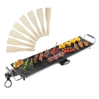 Image of VonShef Teppanyaki Grill XXL Electric with Non Stick Plate, 2000W, Easy Clean, Adjustable Temperature Control, Oil Drip Tray &amp; 8 Spatulas for Meat, Vegetables Fish 90x23x10cm