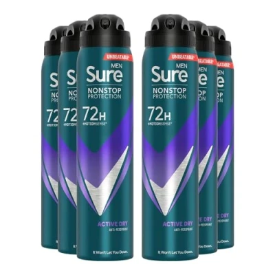 Image of Sure Antiperspirant 72H Nonstop Sweat and Odour Protection Alcohol Free Body Spray Anti White Marks with Fresh Sporty Scent Multi Fragrance Deodorant for Men, 250ml (Active Dry, Buy 6)
