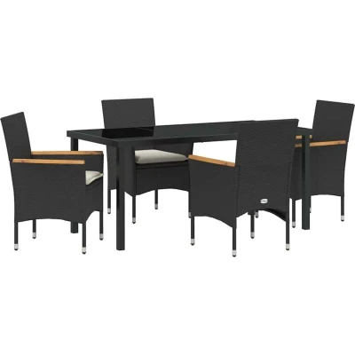 Image of vidaXL 5 Piece Garden Dining Set with Cushions Black Poly Rattan