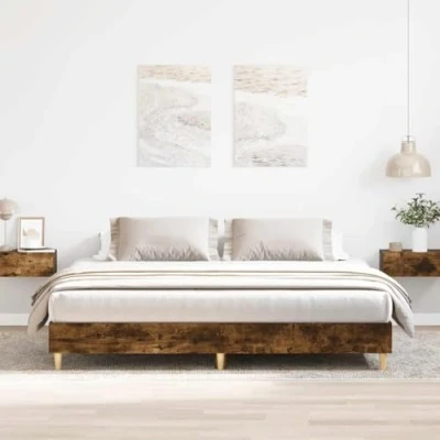 Image of vidaXL King Size Bed Frame Smoked Oak, Engineered Wood, Slatted Base, 203x183x33 cm, Storage Drawers &amp; Compartments, 180x200 Modern Bedroom Furniture