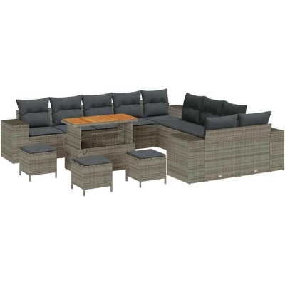 Image of vidaXL 14 Piece Garden Sofa Set with Cushions Grey Poly Rattan Acacia