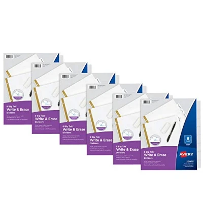 Image of Avery Big Tab Write &amp; Erase Paper Dividers with Gold Reinforcement, 8 Set, White, 6 Sets (21213)