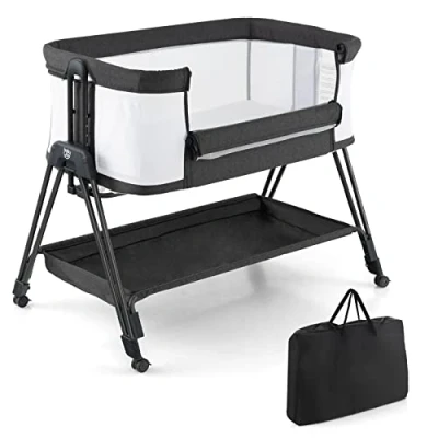 Image of Maxmass Baby Bedside Sleeper, Easy Moving Bassinet with Mattress, Breathable Mesh, Storage Basket, Straps and Wheels, Folding Co Sleeping Crib for Newborn Infants (Black)